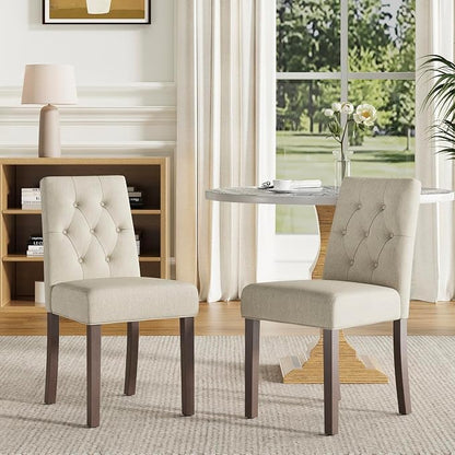 Upholstered Dining Chairs Set of 2, Modern Fabric Dining Chairs with Tufted Design, Kitchen Side Chairs, Farmhouse Dinner Chair with Wood Legs for Kitchen Restaurant Living Room, Beige