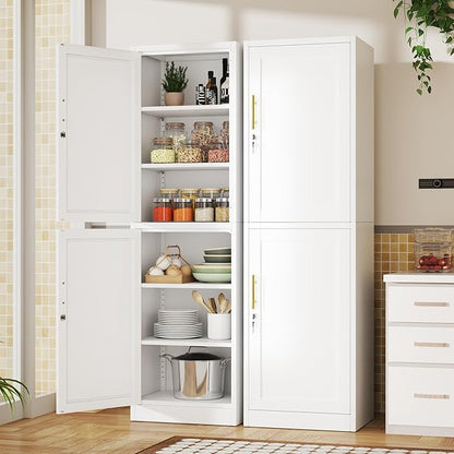 Tall Metal Narrow Bathroom Storage Locker Cabinet 67" H, Tall White Pantry Cabinets with 4 Adjustable Shelves and 2 Lockable Doors for Kitchen, Home Office, Living Room, Dining Room
