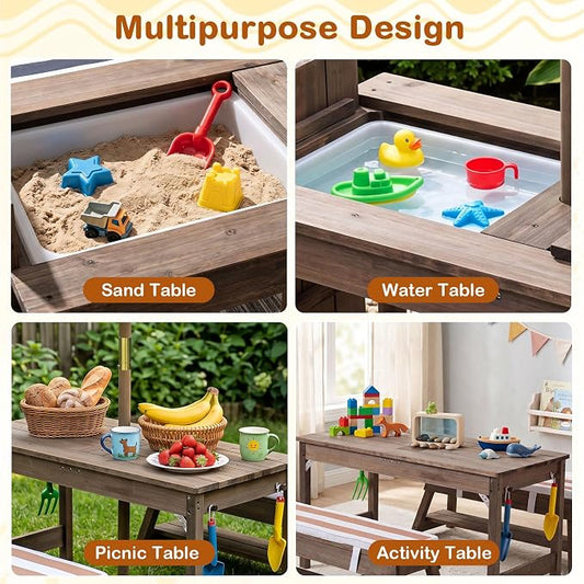Costzon 4-in-1 Kids Picnic Table with Umbrella, Sand & Water Sensory Bins | Wooden Toddler Outdoor Table with Benches, Cushions, Cover, Gardening Tools, Kids Outdoor Furniture for Patio Backyard