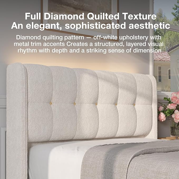 Novilla Full Size Bed Frame with Charging Station & LED Lights, Upholstered French Luxury Platform Bed with Wingback Headboard, Lamb Wool Fabric, No Box Spring Needed, Easy Assembly, Cream White