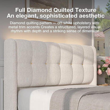Novilla Full Size Bed Frame with Charging Station & LED Lights, Upholstered French Luxury Platform Bed with Wingback Headboard, Lamb Wool Fabric, No Box Spring Needed, Easy Assembly, Cream White
