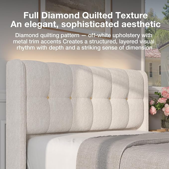 Novilla Queen Bed Frame with Charging Station & LED Lights, Upholstered French Luxury Platform Bed with Wingback Headboard, Lamb Wool Fabric, No Box Spring Needed, Easy Assembly, Cream White