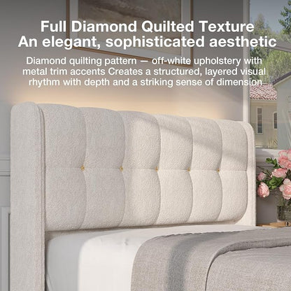 Novilla Queen Bed Frame with Charging Station & LED Lights, Upholstered French Luxury Platform Bed with Wingback Headboard, Lamb Wool Fabric, No Box Spring Needed, Easy Assembly, Cream White
