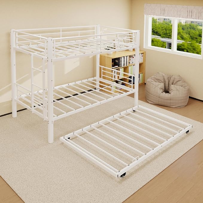 Bunk Bed with Trundle, Metal Twin Bunk Beds with Guardrail and Ladder for Kids/Teenagers/Adults, Space-Saving Bunk Bed Can be Split Into 3 Beds, No Box Spring Needed(White, with Trundle)