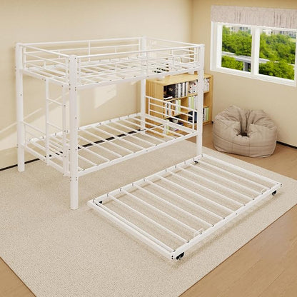Bunk Bed with Trundle, Metal Twin Bunk Beds with Guardrail and Ladder for Kids/Teenagers/Adults, Space-Saving Bunk Bed Can be Split Into 3 Beds, No Box Spring Needed(White, with Trundle)