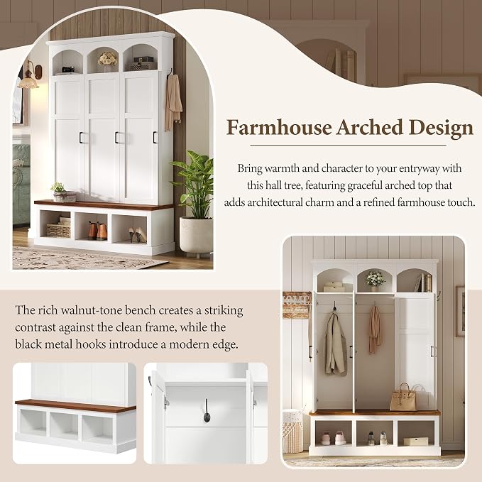 Merax Classic Arched Hall Tree with 3 Hidden Storage, Farmhouse Mudroom Bench with 5 Hooks, Mid-Century Entryway Organizer for Shoes, White