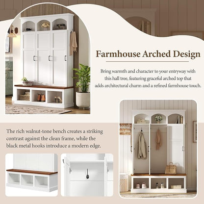 Merax Classic Arched Hall Tree with 3 Hidden Storage, Farmhouse Mudroom Bench with 5 Hooks, Mid-Century Entryway Organizer for Shoes, White
