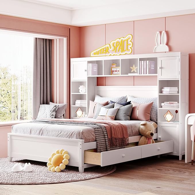 Merax Full Size Wooden Bed with All-in-One Cabinet and Shelf, White Bed Frame with 4 Storage Drawers