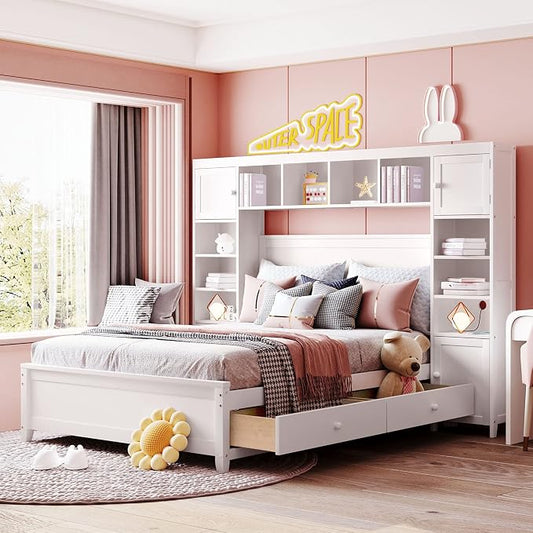 Merax Full Size Wooden Bed with All-in-One Cabinet and Shelf, White Bed Frame with 4 Storage Drawers