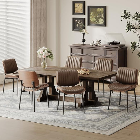 MALOL Leather Dining Chairs Set of 6, Modern Upholstered Dining Room Kitchen Chairs with Metal Legs and Wooden Back Support for Home Dining Room/Restaurant, Brown