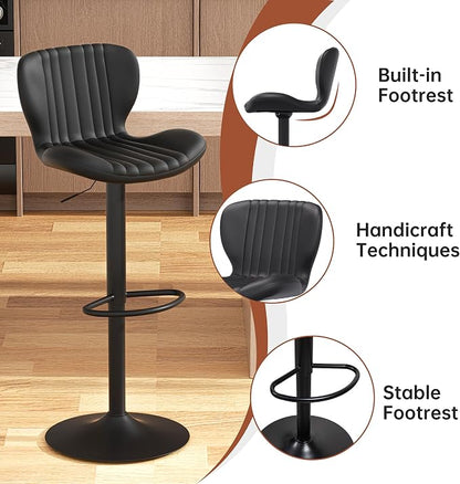JAMFLY Bar Stools Set of 6, Leather Adjustable Barstools Counter Height Modern Bar Stools, Island Chairs Set of 4 for Kitchen, Black