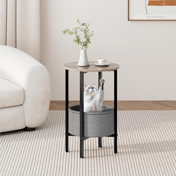 Vagusicc Round Side Table End Table with Storage Basket, Small Side Table Round Nightstand for Small Spaces, Tall Oval End Table with Steel Frame, Coffee Bedside Table for Living Room Bedroom, Greige