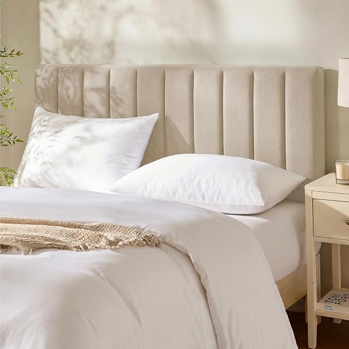 Hearth & Harbor Wall Mounted Full Headboard Only, Bed Headboard Full Size | Easy Assemble, Floating Peel and Stick, Upholstered, Channel Stitched, 3D Wall Panels, 5 Strips of 3M Tape Included, Beige