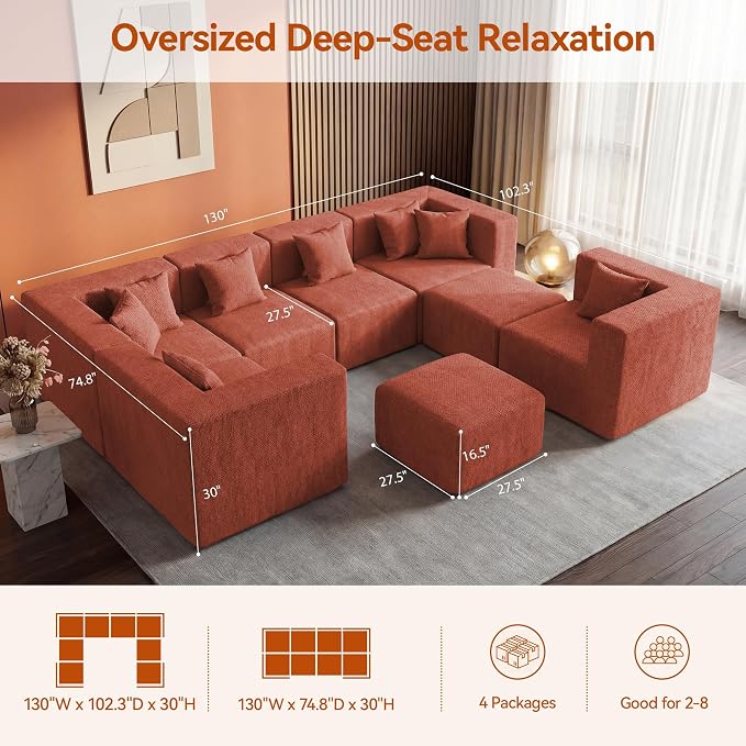 MONVANE Modular Sectional Sofa, Oversized 8 Seat Convertible U Shaped Couch with Ottoman, Comfy Chenille Cloud Couch with Deep Seat, Sectional Couches for Living Room, No Assembly Required, Rust Red