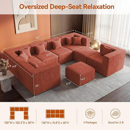 MONVANE Modular Sectional Sofa, Oversized 8 Seat Convertible U Shaped Couch with Ottoman, Comfy Chenille Cloud Couch with Deep Seat, Sectional Couches for Living Room, No Assembly Required, Rust Red