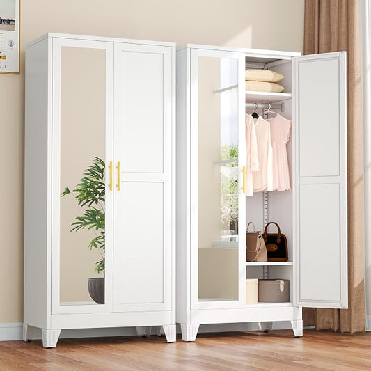 winiowa Metal Armoire Wardrobe Closet with 2 Mirror Doors, 71" Wardrobe Cabinet with Adjustable Shelves and Hanging Rod, Clothing Storage Cabinet Closet with Mirror for Bedroom-White