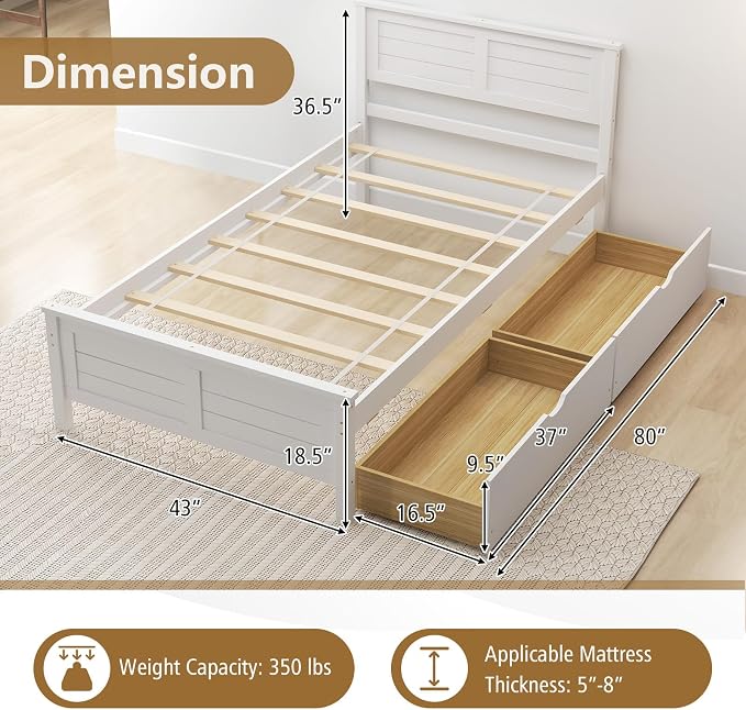 KOMFOTT Twin Size Wood Bed Frame with 2 Storage Drawers, Mid Century Platform Bed Frame with Headboard, Sturdy Wooden Slats Support, Modern Mattress Foundation, No Box Spring Required, Easy Assembly