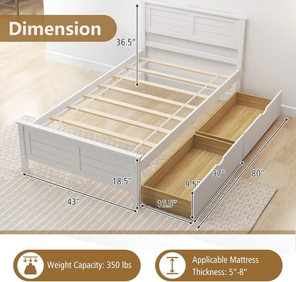KOMFOTT Twin Size Wood Bed Frame with 2 Storage Drawers, Mid Century Platform Bed Frame with Headboard, Sturdy Wooden Slats Support, Modern Mattress Foundation, No Box Spring Required, Easy Assembly