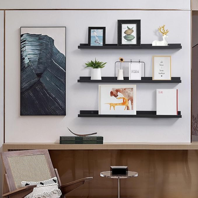 MBYD Dark Black Solid Wood Floating Shelves for Wall, 24 Inch Modern Photo Shelf Wall Mount, Picture Ledge with Lip Set of 3, Book Shelves for Bathroom Bedroom Kitchen Living Room Nursery