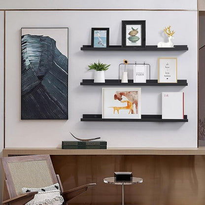 MBYD Dark Black Solid Wood Floating Shelves for Wall, 24 Inch Modern Photo Shelf Wall Mount, Picture Ledge with Lip Set of 3, Book Shelves for Bathroom Bedroom Kitchen Living Room Nursery