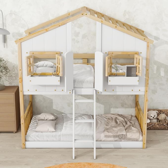Twin over Twin House Bunk Bed with Roof,Windows,Door,Window Boxes,Safety Guardrails & Ladder,Pine Wood Frame,Low-Height Kids Bunk Beds for Bedrooms,Playful Loft Bed with Easy Assembly, Natural+White