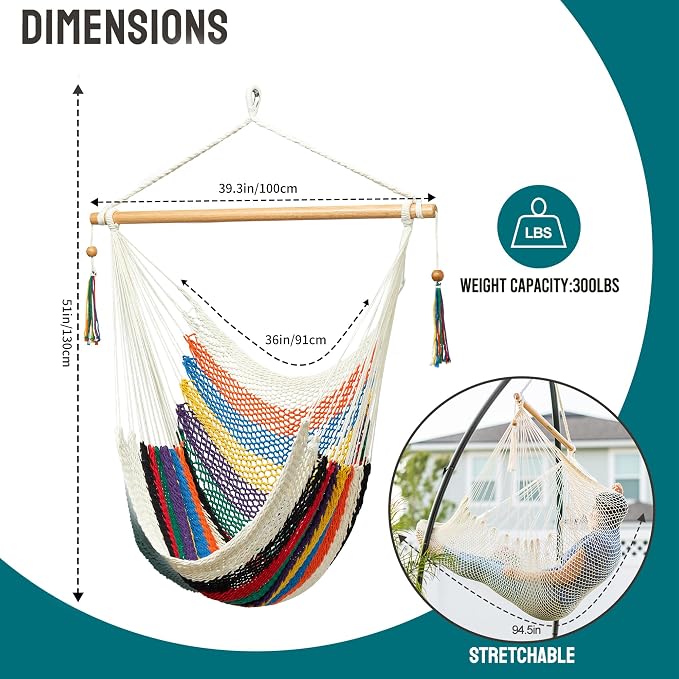 JoyView Hammock Chair with Spreader Bar Caribbean Hammock Swing Chair 300 LBS Weight Capacity XL Rope Hanging Chair for Outdoor Indoor Garden Yard - Multi Color