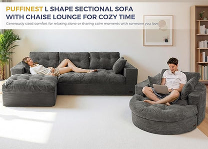 MAXYOYO L Shape Sectional Sofa Couch and Round Chaise Lounge, Modern Cloud Couch with Ottoman, Comfy Sofa with Layered Cushion, Tufted Upholstered Chair for Living Room, No Assembly Required
