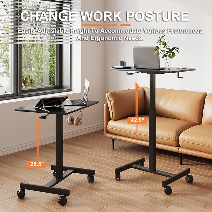 18.9 * 25.6 inch Mobile Standing Desk,T Shaped Pneumatic Adjustable Height Stand Up Desk,with Lockable Wheels,Ergonomic Standing Side Table for Home Office Work Computer Workstation Black+Gray