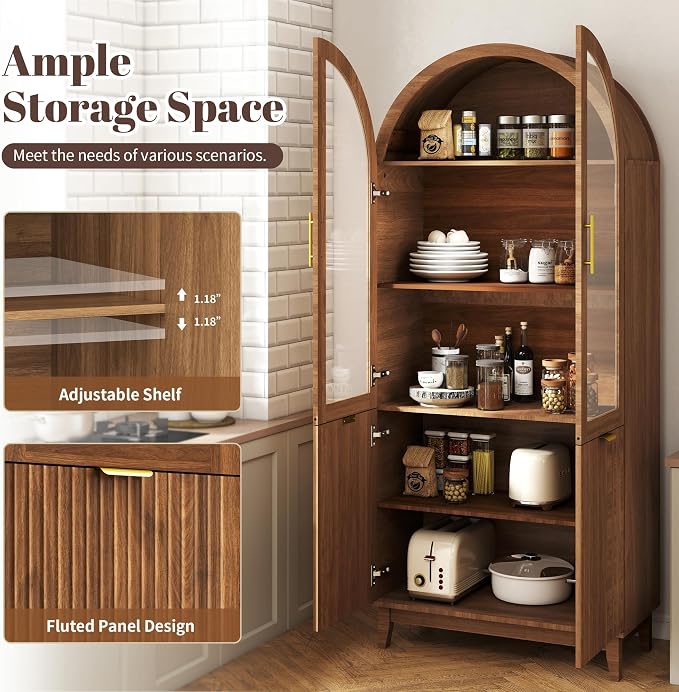 Pamapic 71" Tall Arched Cabinet, Fluted Kitchen Pantry with Glass Doors & Adjustable Shelves, Arch Storage Cabinet, Wooden Pantry for Dining Room, Living Room (Walnut)