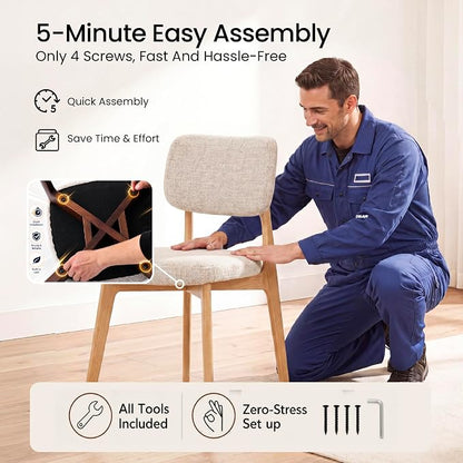 COLAMY Dining Chairs Set of 6, Modern Upholstered Kitchen Room Chairs with Solid Natural Oak Wood Legs, 5-Min Easy Assembly Anti-Wobble, High-Weight Fabric Farmhouse Side Chair, 300lbs,Oak,Beige