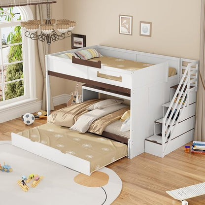 Wood Bunk Bed Full Over Full Size with Storage Staircase and Shelves, Bunk Beds Frame with Trundle and LED for Kids Teens, Space-Saving (White-12.15)