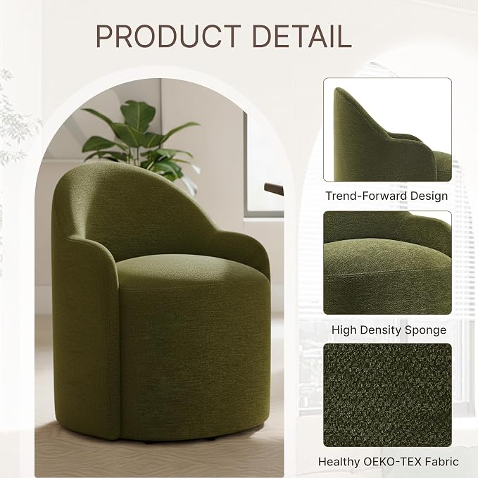 KISLOT Upholstered Dining Chairs with Casters, No Assembly Modern Dining Room Chairs Accent Vanity Chair with 5 Wheels & Round Backrest for Bedroom, Living Room, Dressing, Green Fabric, Set of 4