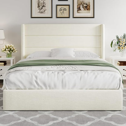 Allewie Queen Size Lift Up Storage Bed, Chenille Fabric Upholstered, Modern Wingback Headboard, Hydraulic Support, No Box Spring Needed, Cream White