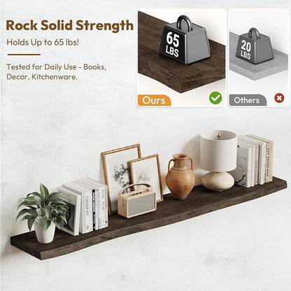 Vivelove Live Edge Floating Shelves 55 Inch Elm Wood, Rustic Farmhouse Wall Shelf with Invisible Bracket for Living Room Bedroom Bathroom Office Book, 55x8x1.4- Set of 1 - Dark Walnut