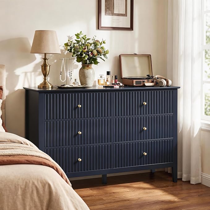 RoyalCraft 6 Drawer Dresser, Fluted Modern Wood Chest of Drawers, Long Dresser for Bedroom TV Stand Storage Cabinet for Living Room, Blue