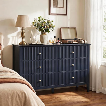 RoyalCraft 6 Drawer Dresser, Fluted Modern Wood Chest of Drawers, Long Dresser for Bedroom TV Stand Storage Cabinet for Living Room, Blue