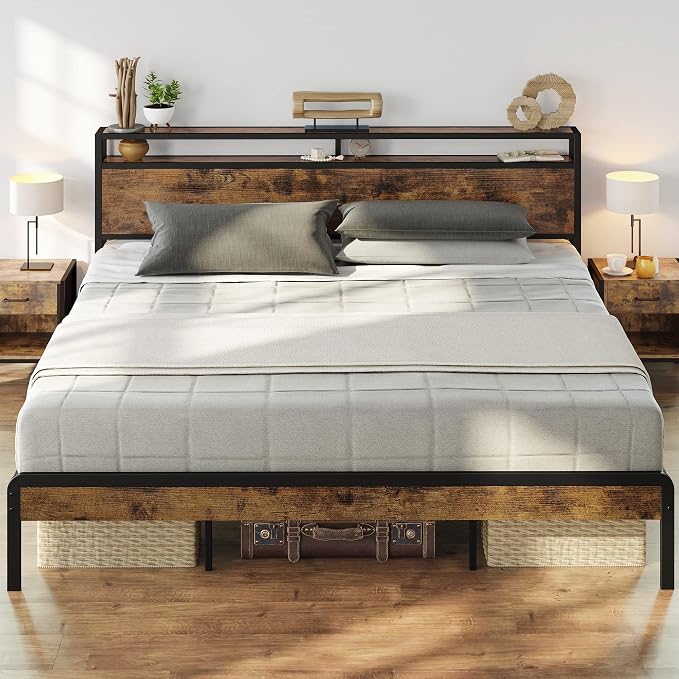 LIKIMIO King Size Bed Frame, Platform Bed with 2-Tier Storage Headboard | Metal Bed Frame, Solid and Stable, Noise Free, No Box Spring Needed, Easy Assembly, Durable, Vintage Brown