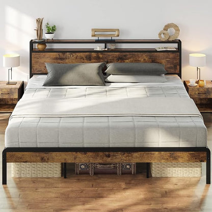 LIKIMIO King Size Bed Frame, Platform Bed with 2-Tier Storage Headboard | Metal Bed Frame, Solid and Stable, Noise Free, No Box Spring Needed, Easy Assembly, Durable, Vintage Brown