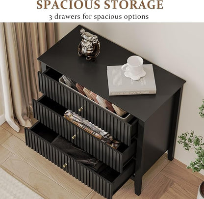 RoyalCraft Large 3 Drawer Dresser Set of 2, Fluted Chest of Drawers with Storage, Modern Painted 30 inch Tall Nightstand for Bedroom Living Room Entryway, Black