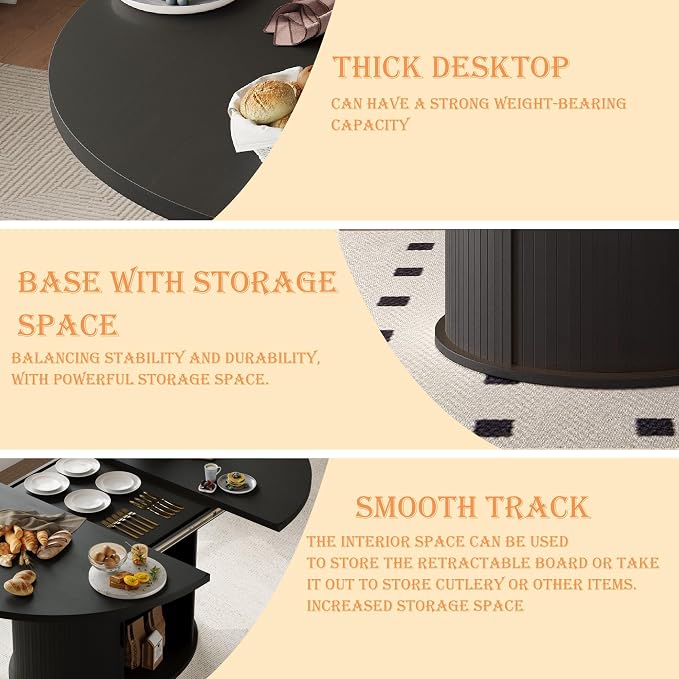 Dining Table for 4-6, 63“Extendable Round Dining Room Kitchen Table with 2-Tier Storage Shelf, Fluted Wood Table with Slide Door, Expandable Wood Oval Dinner Furniture with Pedestal Base (Black)