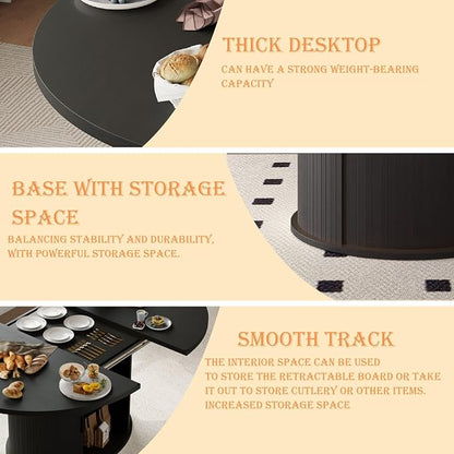 Dining Table for 4-6, 63“Extendable Round Dining Room Kitchen Table with 2-Tier Storage Shelf, Fluted Wood Table with Slide Door, Expandable Wood Oval Dinner Furniture with Pedestal Base (Black)