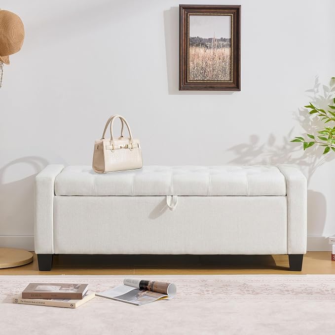 Huatean Home 43" Ottoman with Storage, White Storage Ottoman Bench with Safety Hinge, Upholstered Entryway Bench with Seating for Bedroom, Living Room, Holds up to 330 lb