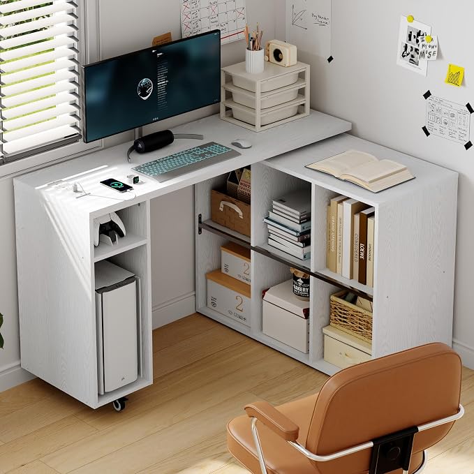BOSHIRO White L-Shaped Computer Desk Table with Charging Station–Small Study Writing Desk with Backless Storage Shelves, 67” Bedroom Side Table & 360°Rotating Desk