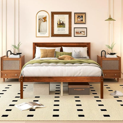Giantex Full Size Wood Platform Bed with Headboard, Mid Century Solid Wood Full Bed with Slat Support, Double Bed Frame with 16" Under Bed Storage, No Box Spring Needed, Easy Assembly, Walnut