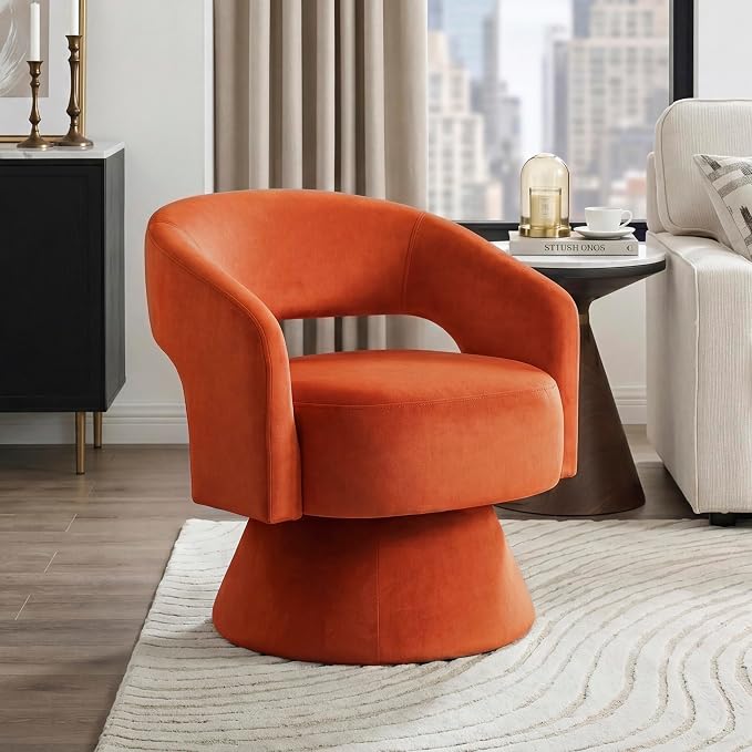 Lexicon 360 Degree Swivel Accent Chair, Modern Comfy Velvet Round Barrel Chair, Open Back, Plush Foam Cushions, Metal Swivel Base for Living Room/Bedroom/Office/Small Spaces, Orange