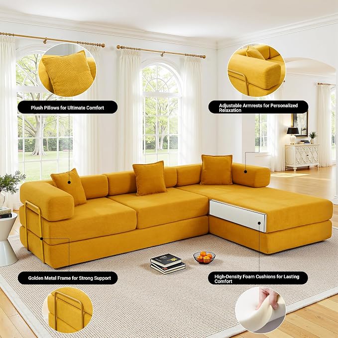 ivoros 108" Oversized Convertible Sleeper Sofa Bed, Corduroy L Shape Sectional Couch, Folding Sofa Bed with Fixed-Shape Frame, Modern Cloud Floor Mattress Couch, Modular Sofa for Living Room, Yellow