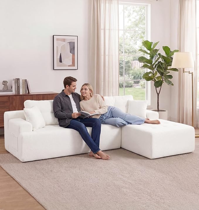 Hobestluk Modular Sectional Sofa Couches L-Shape Couch 3 Seat Modular Sofa Memory Foam Sectional Couches for Living Room, Cloud Couch with Oversized Chaise (White Tufted, 96", Right Hand Facing)