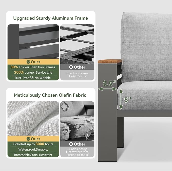 Aoxun Patio Furniture Set, Aluminum Patio Set with Fire Pit Table and 5" Thicken & Washable Cushion, Waterproof Outdoor Furniture, Outdoor Couch Sectional for Backyard (5 Seats/F, Grey)