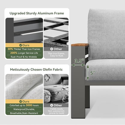 Aoxun Patio Furniture Set, Aluminum Patio Set with Fire Pit Table and 5" Thicken & Washable Cushion, Waterproof Outdoor Furniture, Outdoor Couch Sectional for Backyard (4 Seats/F, Grey)