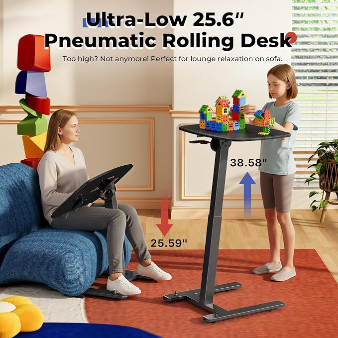 JOY worker Low Height Small Mobile Standing Desk for Couch, Height Adjustable TV Tray Table with 90° Foldable MDF Desktop, Portable Laptop Desk with Low Base & Lockable Hidden Casters, Black